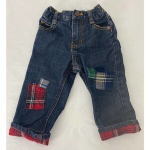 OshKosh Red Green Flannel Patch Jeans Christmas Winter Fall - Size 12 Months